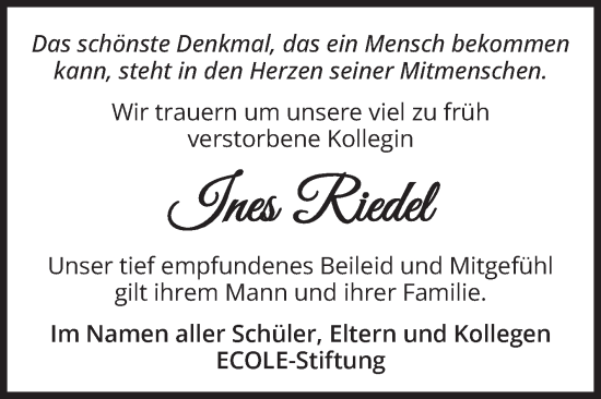 Traueranzeige von Ines Riedel von Volksstimme Haldensleben/Wolmirstedt