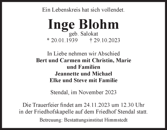 Traueranzeige von Inge Blohm von Volksstimme Altmark Ost