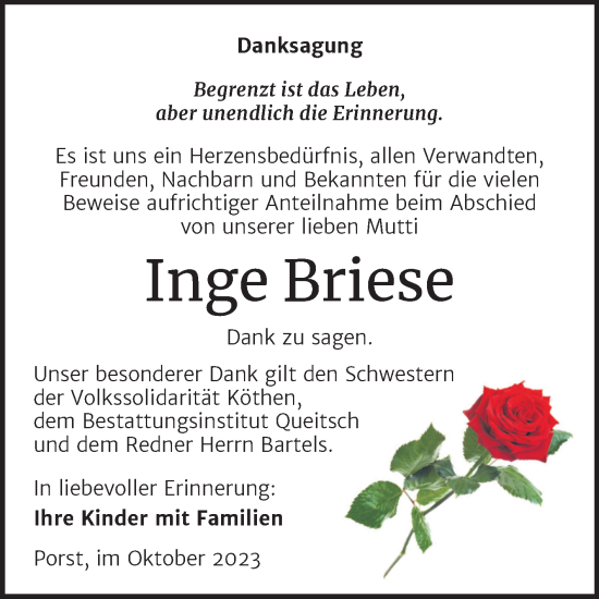 Traueranzeige von Inge Briese von Trauerkombi Köthen