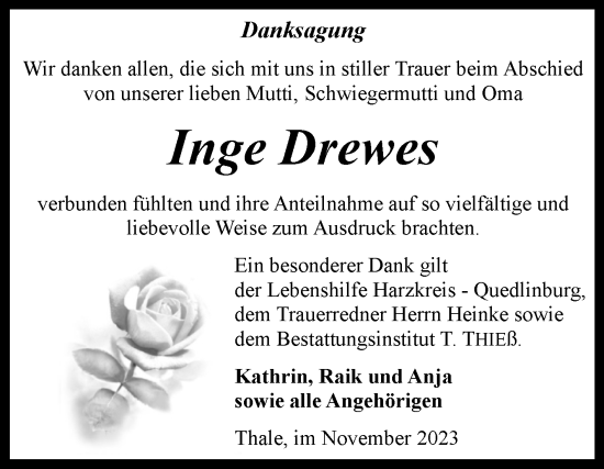 Traueranzeige von Inge Drewes von Trauerkombi Quedlinburg