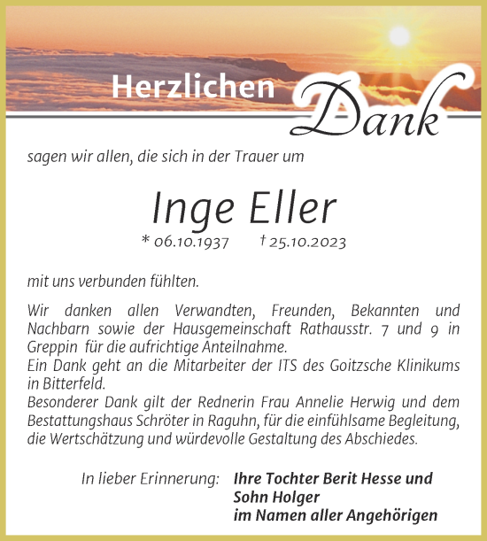Traueranzeige von Inge Eller von Trauerkombi Bitterfeld
