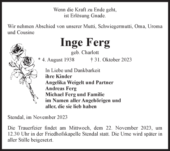 Traueranzeige von Inge Ferg von Volksstimme Altmark Ost