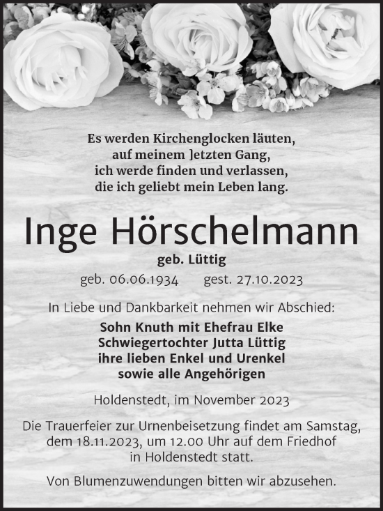 Traueranzeige von Inge Hörschelmann von Trauerkombi Sangerhausen