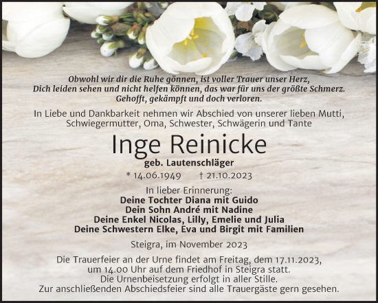 Traueranzeige von Inge Reinicke von Mitteldeutsche Zeitung Merseburg/Querfurt