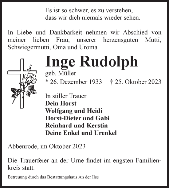 Traueranzeige von Inge Rudolph von Volksstimme Wernigerode