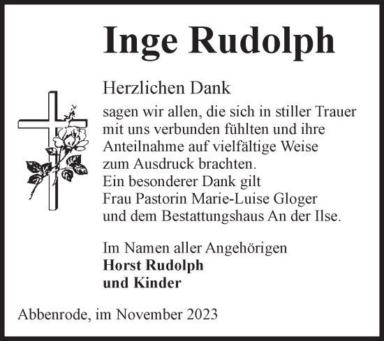 Traueranzeige von Inge Rudolph von Volksstimme Wernigerode