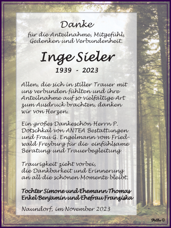 Traueranzeige von Inge Sieler von Trauerkombi Weißenfels