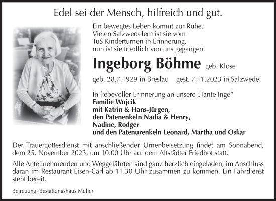 Traueranzeige von Ingeborg Böhme von Volksstimme Altmark West
