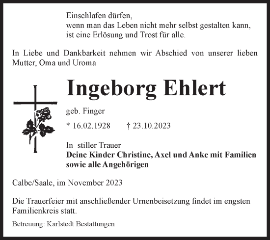 Traueranzeige von Ingeborg Ehlert von Volksstimme Schönebeck