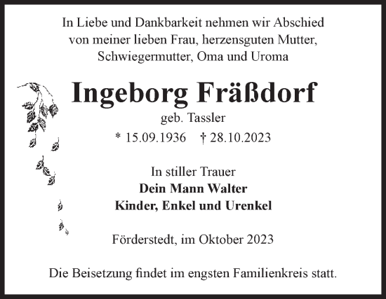 Traueranzeige von Ingeborg Fräßdorf von Volksstimme Staßfurt