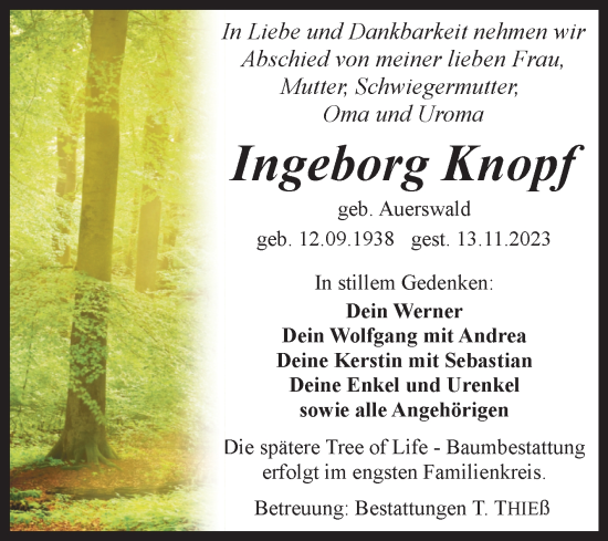 Traueranzeige von Ingeborg Knopf von Volksstimme Wernigerode