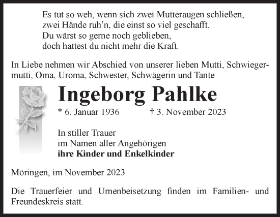Traueranzeige von Ingeborg Pahlke von Volksstimme Altmark Ost