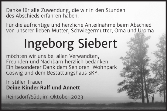 Traueranzeige von Ingeborg Siebert von Trauerkombi Wittenberg