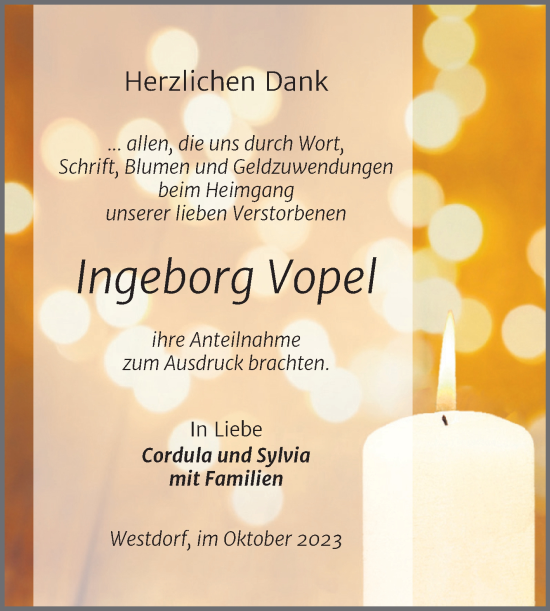 Traueranzeige von Ingeborg Vopel von Trauerkombi Aschersleben