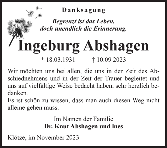 Traueranzeige von Ingeburg Abshagen von Volksstimme Altmark West