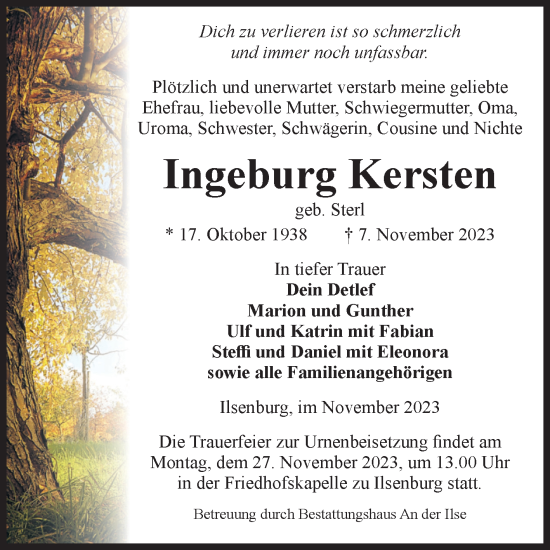 Traueranzeige von Ingeburg Kersten von Volksstimme Wernigerode