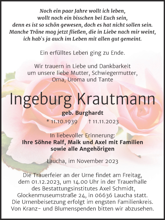 Traueranzeige von Ingeburg Krautmann von Wochenspiegel Naumburg/Nebra