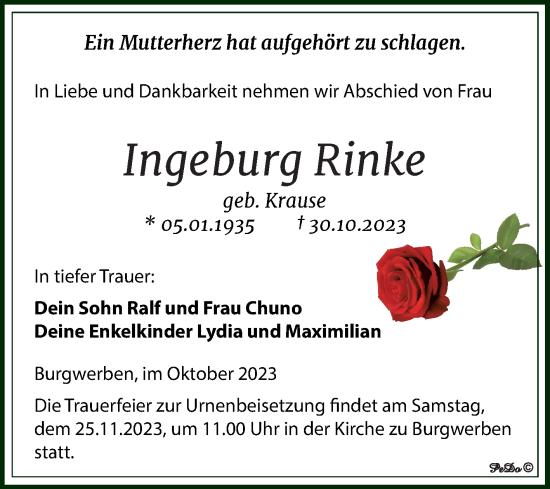 Traueranzeige von Ingeburg Rinke von Trauerkombi Weißenfels