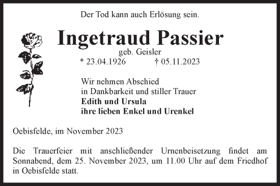 Traueranzeige von Ingetraud Passier von Volksstimme Altmark West