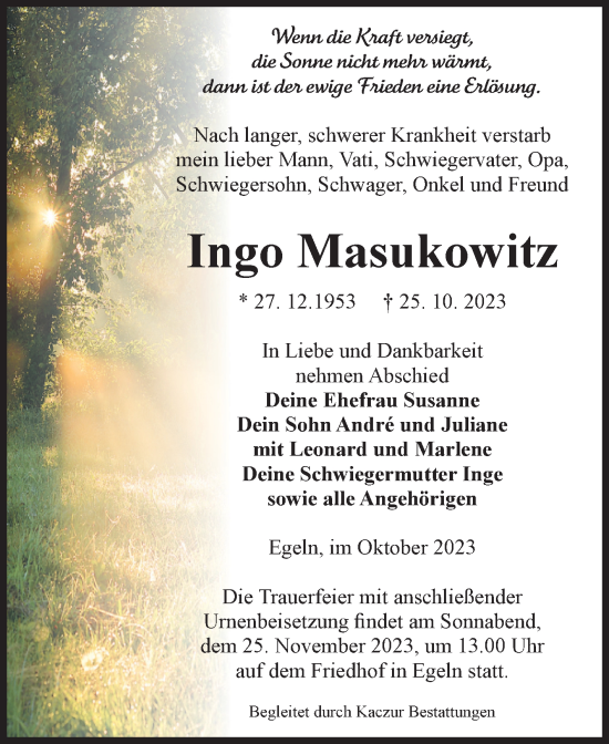 Traueranzeige von Ingo Masukowitz von Volksstimme Staßfurt