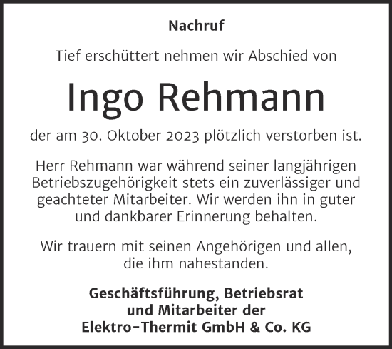 Traueranzeige von Ingo Rehmann von Mitteldeutsche Zeitung Halle/Saalkreis
