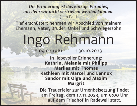 Traueranzeige von Ingo Rehmann von Mitteldeutsche Zeitung Halle/Saalkreis