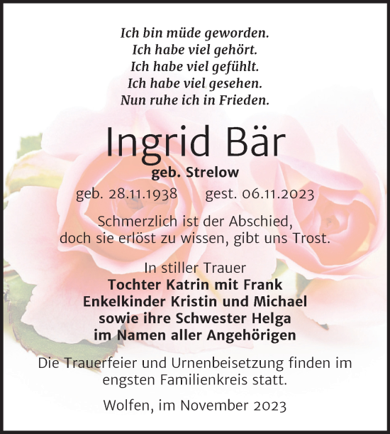 Traueranzeige von Ingrid Bär von Trauerkombi Bitterfeld