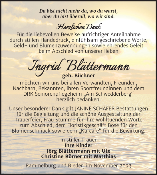 Traueranzeige von Ingrid Blättermann von Trauerkombi Quedlinburg