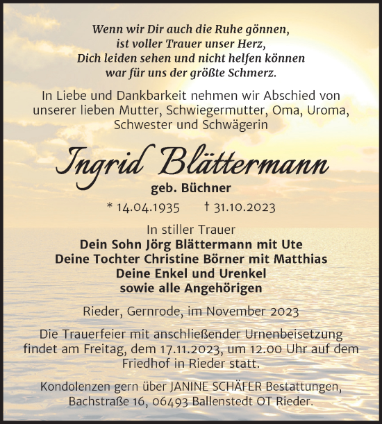 Traueranzeige von Ingrid Blättermann von Trauerkombi Quedlinburg