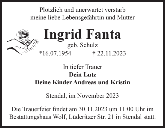 Traueranzeige von Ingrid Fanta von Volksstimme Altmark Ost