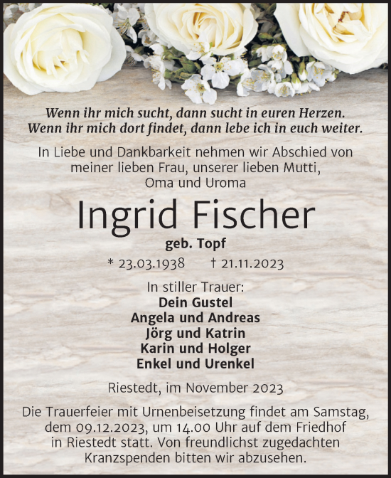 Traueranzeige von Ingrid Fischer von Trauerkombi Sangerhausen