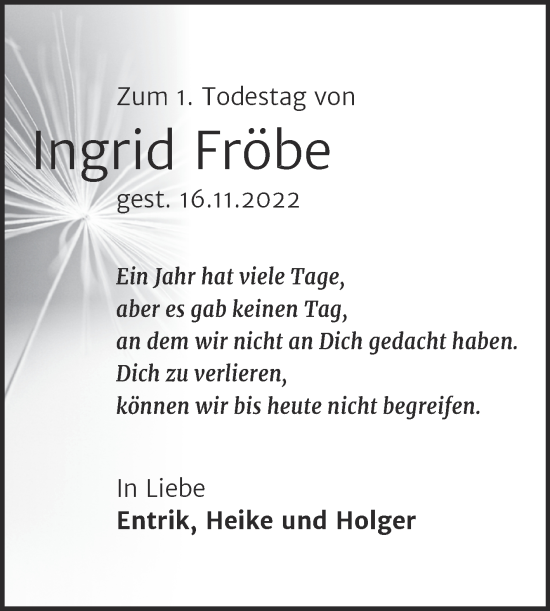 Traueranzeige von Ingrid Fröbe von Mitteldeutsche Zeitung Dessau-Roßlau