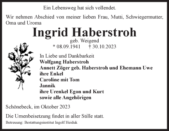 Traueranzeige von Ingrid Haberstroh von Volksstimme Schönebeck