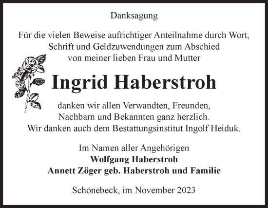 Traueranzeige von Ingrid Haberstroh von Volksstimme Schönebeck