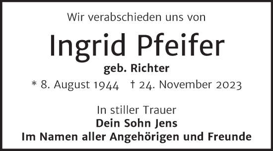 Traueranzeige von Ingrid Pfeifer von Trauerkombi Weißenfels