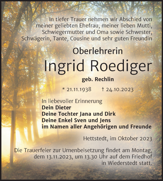 Traueranzeige von Ingrid Roediger von Trauerkombi Mansfelder Land