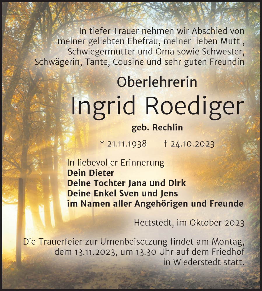  Traueranzeige für Ingrid Roediger vom 03.11.2023 aus Trauerkombi Mansfelder Land