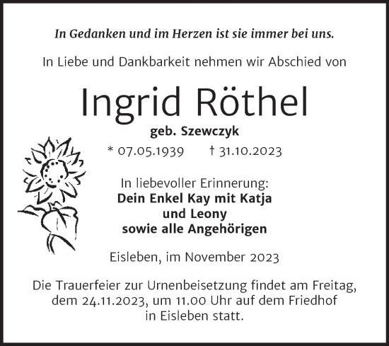Traueranzeige von Ingrid Röthel von Trauerkombi Mansfelder Land