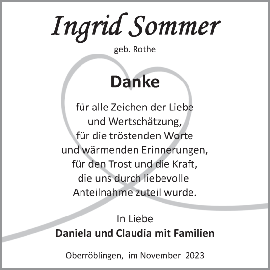 Traueranzeige von Ingrid Sommer von Trauerkombi Sangerhausen
