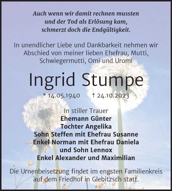 Traueranzeige von Ingrid Stumpe von Trauerkombi Bitterfeld