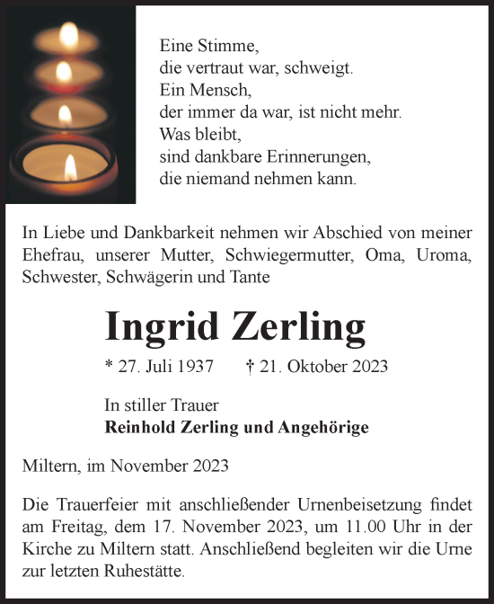 Traueranzeige von Ingrid Zerling von Volksstimme Altmark Ost