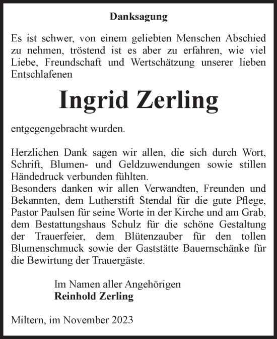 Traueranzeige von Ingrid Zerling von Volksstimme Altmark Ost