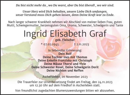 Traueranzeige von Ingrid Elisabeth Graf von Trauerkombi Aschersleben