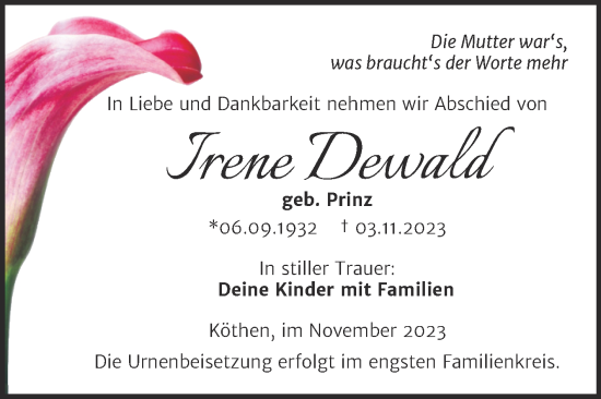 Traueranzeige von Irene Dewald von Trauerkombi Köthen