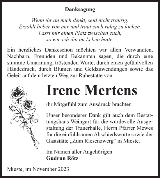 Traueranzeige von Irene Mertens von Volksstimme Altmark West