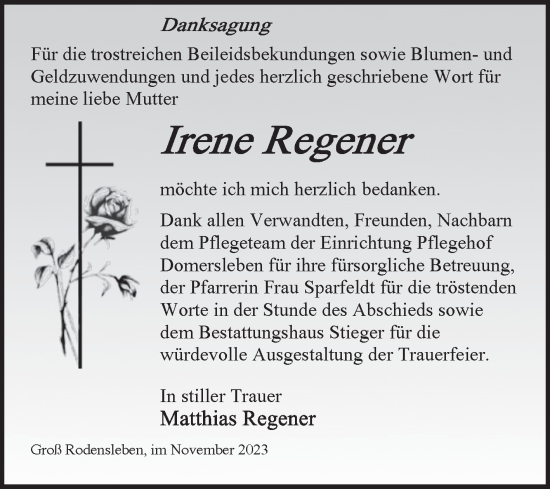 Traueranzeige von Irene Regener von Volksstimme Oschersleben/Wanzleben