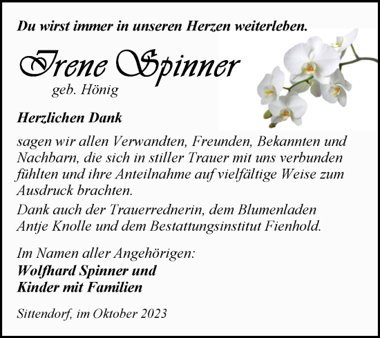 Traueranzeige von Irene Spinner von Trauerkombi Sangerhausen