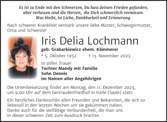 Traueranzeige von Iris Delia Lochmann von Mitteldeutsche Zeitung Halle/Saalkreis