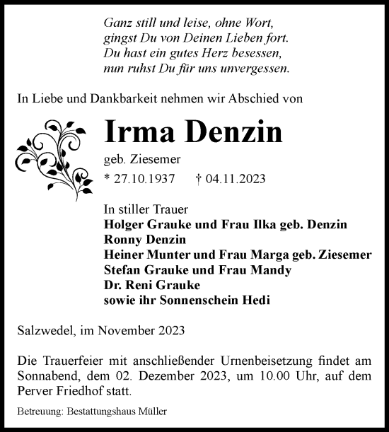 Traueranzeige von Irma Denzin von Volksstimme Altmark West