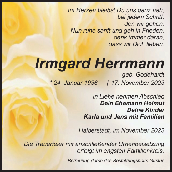 Traueranzeige von Irmgard Herrmann von Volksstimme Halberstadt